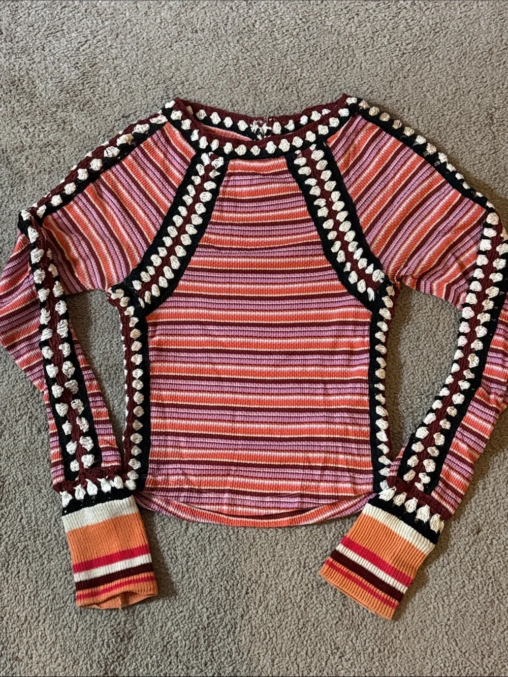 Free People Women’s Striped Pink Multi-Color Crochet Cropped Thermal Top!